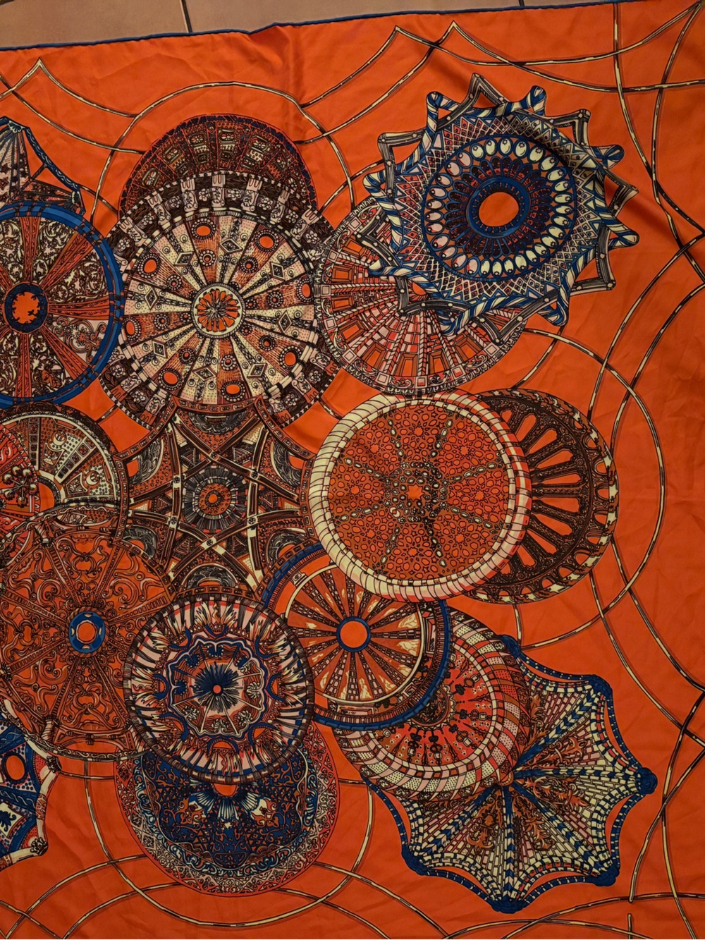 Hermès Annie Faivre Orange Blue Silk Carré Scarf